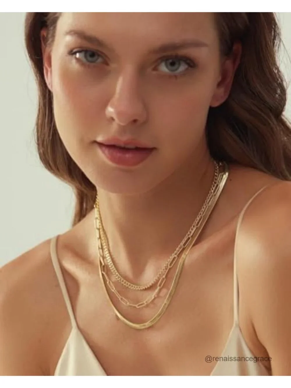 14K Gold Plated Layered Necklace Set for Women - Herringbone, Paperclip, Cuban